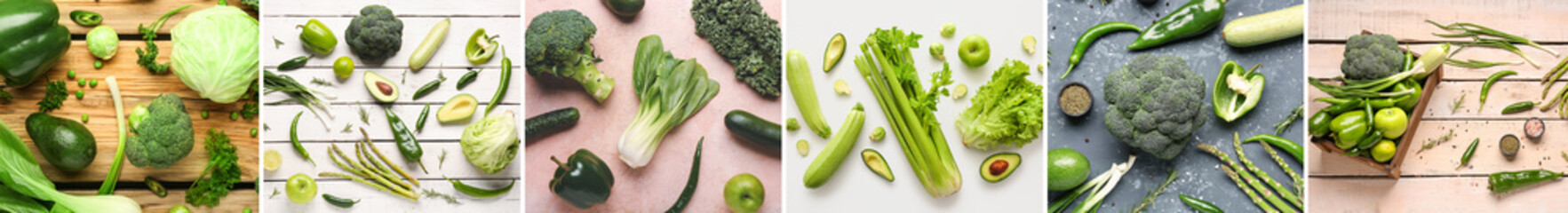Collage of fresh green vegetables, top view
