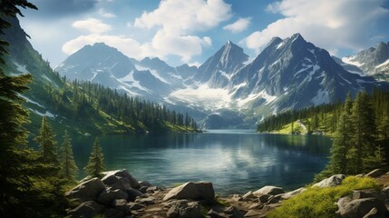 Majestic peaks of the Polish Tatry Mountains reaching towards the sky, adorned with a blanket of lush greenery and surrounded by pristine alpine lakes.