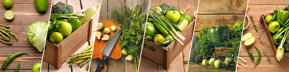Collage of fresh green vegetables on wooden