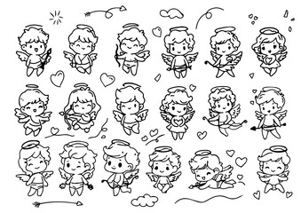 set of hand drawn cute adorable cupid. isolated in white. for valentine greeting card 