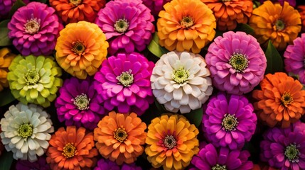 Obraz premium Playful zinnias in a riot of colors against a sunny yellow backdrop, evoking the spirit of summer.