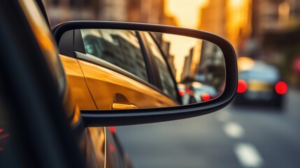 Closeup of a cars side mirror reminding drivers to check their blind spots before changing lanes.