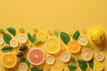Sunny summer concept. Top flat lay view photo of fresh fruits - orange, lemon, lime, grapefruit, and mint leaves on a yellow background with an empty space for, Generative AI 