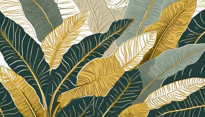 Luxury gold tropical leaves background. Wallpaper design with golden line art texture from palm leaves, Jungle leaves, monstera