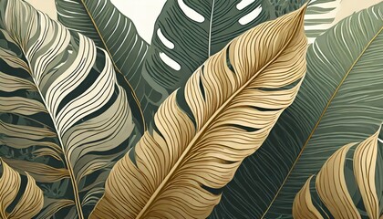Golden tropical leaves wallpaper, Luxury nature leaf design, golden leaf lines