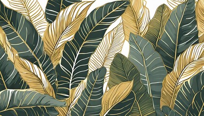 Abstract luxury art background with tropical leaves in blue and green colors with golden art line - obrazy, fototapety, plakaty