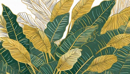 Tropical leaf Wallpaper, Luxury nature leaves pattern design, Golden banana leaf line arts, Hand drawn outline design - obrazy, fototapety, plakaty