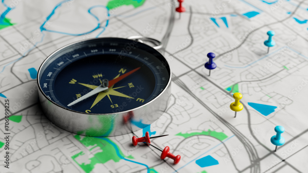 Aufkleber concept background with compass and pin on map for travel and exploration, 3d rendering
