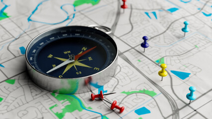 Concept background with compass and pin on map for travel and exploration, 3d rendering
