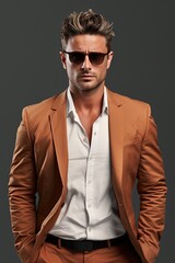 Obraz premium A man in a brown suit and dark glasses on a dark gray background.