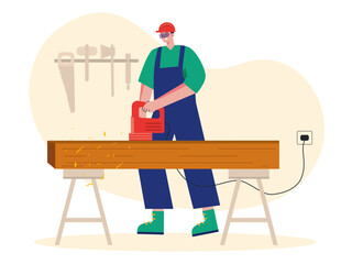 Carpenter is sharpening wood. Woodwork vector illustrations.	
