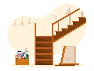 Workers makes a stairs. Woodwork vector illustrations.