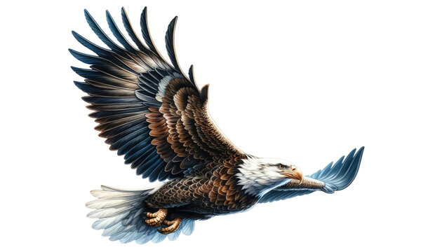 Watercolor illustration of bald eagle flying and wings wide spread isolated on transparent background.