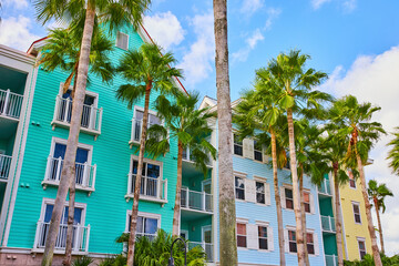 Colorful Caribbean Buildings and Palm Trees, Nassau Street View
