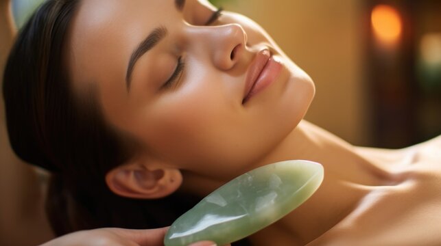 Closeup of a jade gua sha tool being used to sculpt and tone the face