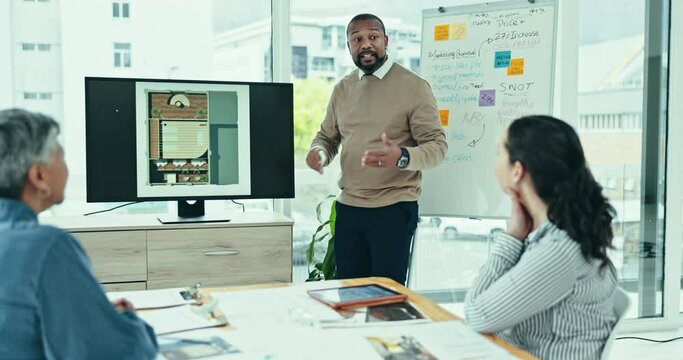Man, presentation and meeting for interior design, planning or collaboration on computer screen at office. Creative person, mentor or coaching and training staff in teamwork for project or startup