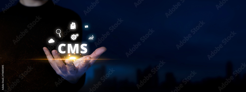 Poster cms - content management system concept. blog promotion, data administration and website optimizatio