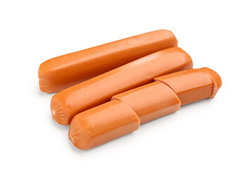 Whole and cut tasty sausages isolated on white background