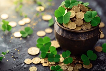 Pot of gold coins and Green Four Leaf Clovers Saint Patrick's Day theme