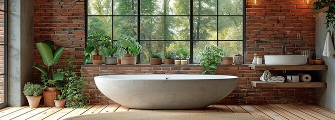 A luxurious concrete bathroom with a vanity...