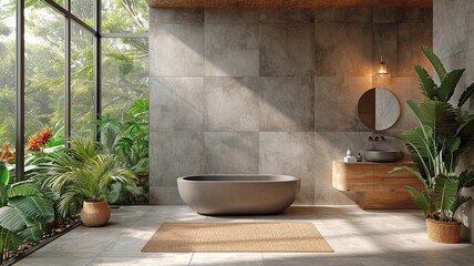 A luxurious concrete bathroom with a vanity...