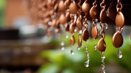 Closeup of a rain chain directing rainwater from the roof into a designated collection area, creating a visually appealing addition to a rainwater system. - obrazy, fototapety, plakaty