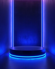 3d blue cylinder pedestal podium in blue abstract room with illuminate horizontal neon lamp - obrazy, fototapety, plakaty
