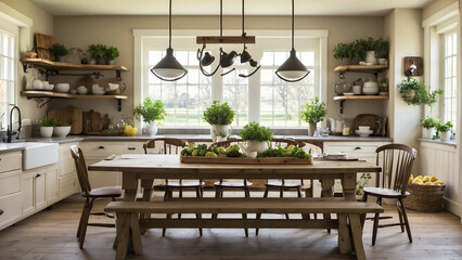 a photo showcasing your farmhouse kitchen table as the heart of your home highlight the warmth, comfort, and togetherness that the table brings to your family