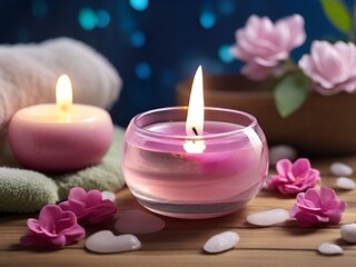 Obraz na płótnie Canvas spa still life with candles spa, beauty, pink, decoration, rose, flowers, light blurred background, Ai generative 