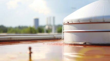 Closeup of a rooftop system directing rainwater into a large storage tank, reducing dependence on municipal water sources. - obrazy, fototapety, plakaty