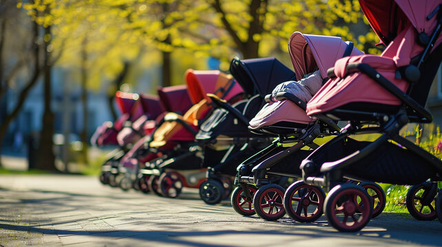 Colorful baby strollers lined up in park, copy space