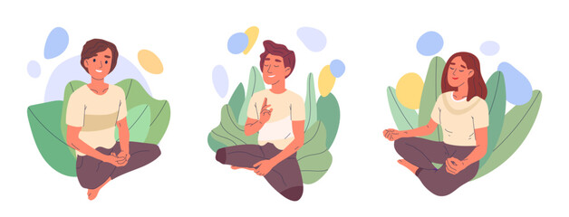 Yoga meditation. People relaxing in lotus pose, breath training and practicing yoga flat vector illustration set. Tranquil peaceful people