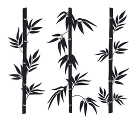 Bamboo stems silhouettes. Jungle bamboo forest stems with leaves, black ink decorative bamboo flat vector illustration set. Bamboo trees silhouettes