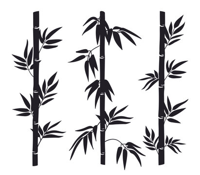 Bamboo stems silhouettes. Jungle bamboo forest stems with leaves, black ink decorative bamboo flat vector illustration set. Bamboo trees silhouettes © GreenSkyStudio