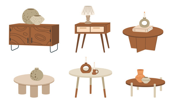 Coffee tables. Cartoon wooden tea table, dressers and coffee table, modern home decor furniture flat vector illustration set. Wooden furniture collection