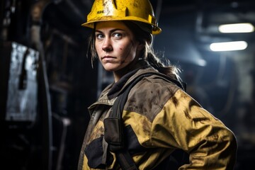 Fototapeta na wymiar Portrait of a Determined Female Driller, Breaking Stereotypes in the Mining and Oil Industry, Amidst the Rugged Terrain and Machinery