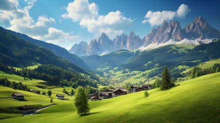 Fototapeta na wymiar A mesmerizing view of Santa Maddalena in the Italian Dolomites, with the charming village nestled among towering peaks, as if it were a hidden gem waiting to be discovered.