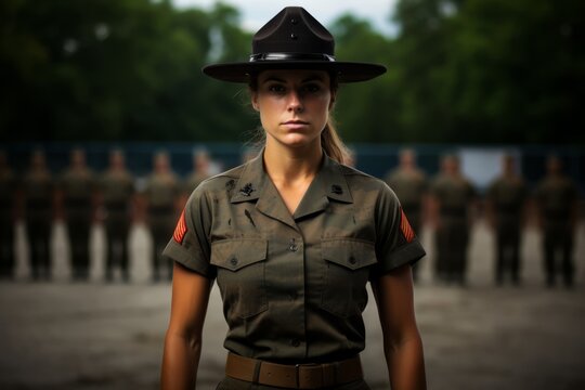 A Portrait of Determination and Strength: Female Drill Instructor in Military Uniform, Standing Tall Against a Backdrop of Barracks and Training Grounds