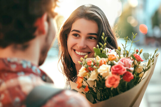 Mulher surpresa recebendo um buqu&ecirc; de flores do namorado