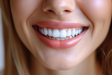 Obraz premium Closeup view of smiling young woman with whitening teeth. 