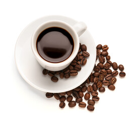 Cup of hot aromatic coffee on white background