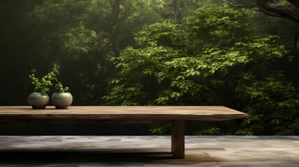 A minimalist wooden table set against a backdrop of lush green foliage, where simplicity and nature harmoniously blend, creating a calming atmosphere.