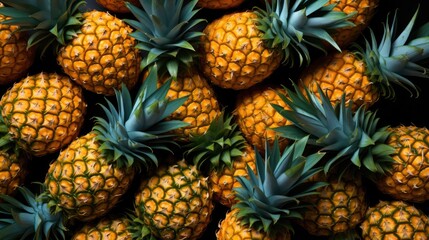 many fresh pineapples , flat lay, top view.