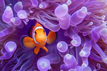 A single clownfish, with its iconic orange and white coloring, nestles amongst the purple tentacles of its home, creating a vivid contrast in the underwater habitat.