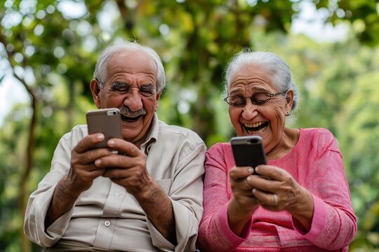A alegria radiante de um casal de idosos enquanto sorriem, envolvidos em seus smartphones. a imagem traz a importancia da conectividade para os mais velhos.