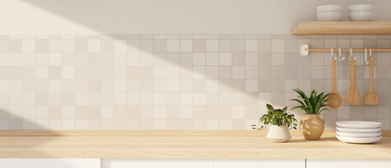 Copy space for displaying your product on a wooden kitchen countertop against the white tiles wall.