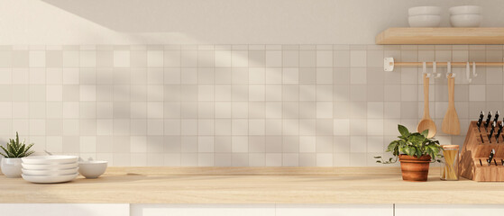 Copy space for displaying your product on a wooden kitchen countertop against the white tiles wall.