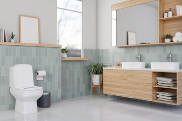 Interior design of a beautiful, modern and clean bathroom with a toilet, double vanity sink, mirror