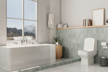 A beautiful, modern and clean bathroom with a toilet and a bathtub near by the window.