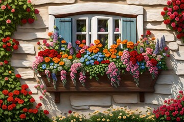 Fototapeta na wymiar window with flowers in the village